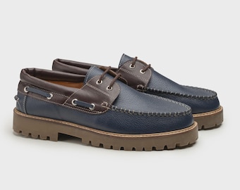 Náuticos de piel bicolor hechos a mano: mocasines azul marino y marrón