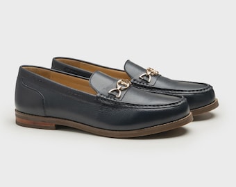 Handmade Navy Leather Horsebit Loafers: Men's Luxury Dress Shoes
