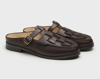 Handmade Brown Leather Mules | Woven Men's Slip-On Clogs