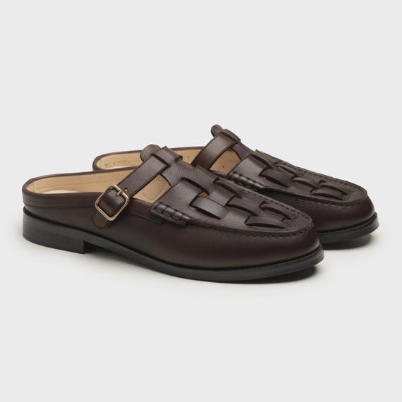 Handmade Brown Leather Mules | Woven Men's Slip-On Clogs