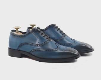 Handgemaakte blauwe leren oxfordschoenen | Patina Vleugeltip Brogues