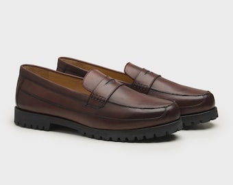 Handmade Brown Leather Penny Loafers: Rugged Sole Dress Shoes