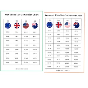 May include: Shoe size conversion charts for men and women, with EU, UK, US, and AU sizes. The charts include the text "I CAN MAKE SHOES" at the bottom. The charts are on a white background.