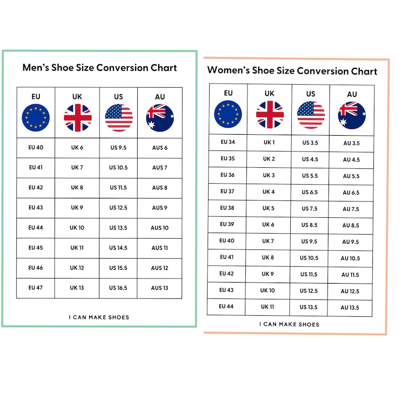 May include: Shoe size conversion charts for men and women, with EU, UK, US, and AU sizes. The charts include the text "I CAN MAKE SHOES" at the bottom. The charts are on a white background.