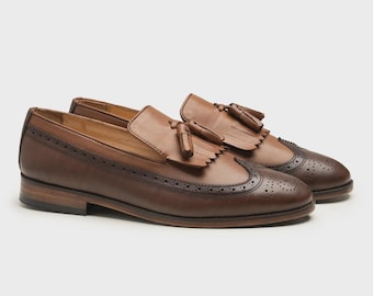 Handmade Brown Leather Tassel Loafers: Men's Wingtip Brogue Shoes