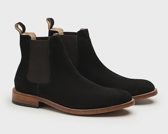 Bottines chelsea en daim noires faites main : chaussures de ville en cuir véritable