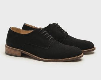 Handmade Black Suede Derby Shoes: Luxury Leather Sole Wedding Dress Shoes