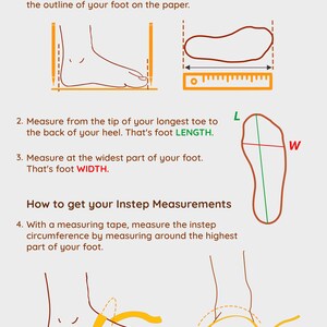 May include: Diagram illustrating how to measure foot length, width, and instep circumference. Instructions include tracing the foot, measuring from the longest toe to the heel, and measuring the widest part of the foot. A ruler and measuring tape are shown.