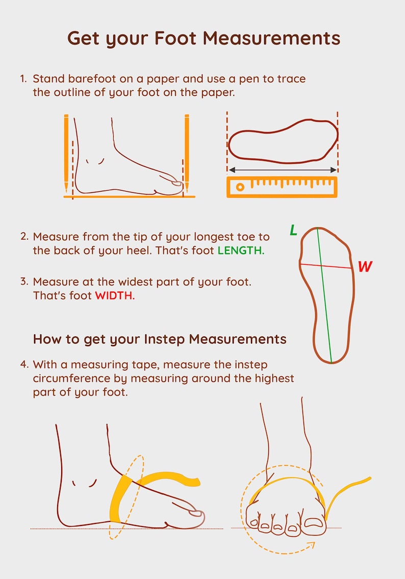 May include: Diagram illustrating how to measure foot length, width, and instep circumference. Instructions include tracing the foot, measuring from the longest toe to the heel, and measuring the widest part of the foot. A ruler and measuring tape are shown.