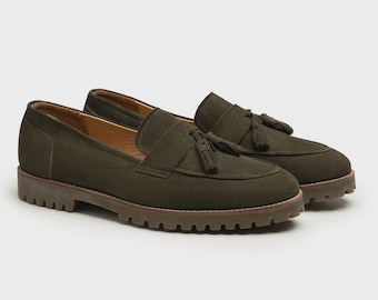Handmade Olive Suede Tassel Loafers: Men's Rugged Sole Slip-Ons