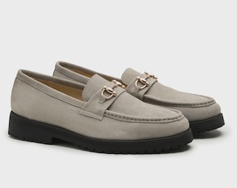 Handmade Grey Suede Loafers: Italian Leather Slip-Ons with Gold Buckle