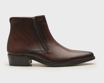 Handmade Brown Leather Ankle Boots: Italian Style Side Zip Dress Boots