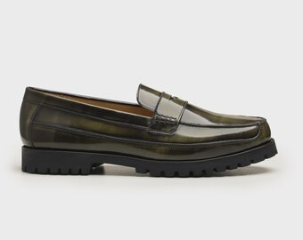 Handmade Green Patina Leather Penny Loafers | Rugged Sole