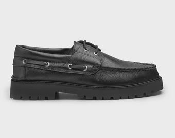 Handmade Black Leather Moc-Toe Derby Boat Shoes: Chunky Lug Sole