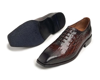Handmade Leather Oxford Shoes: Crocodile Embossed Dress Shoes