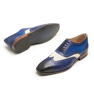 Artisan Two‑Tone Wingtip Shoes – Blue & Ivory Leather Oxford Brogues – Handcrafted Men’s Dress Shoes