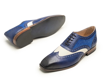 Sapatos Oxford Brogue de Couro Bicolor com Bico Wingtip: Sapatos Sociais Masculinos Artesanais
