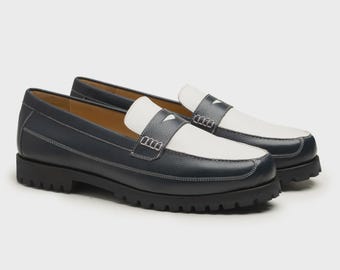 Handmade Men's Two-Tone Leather Penny Loafers | Navy & White Rugged Sole
