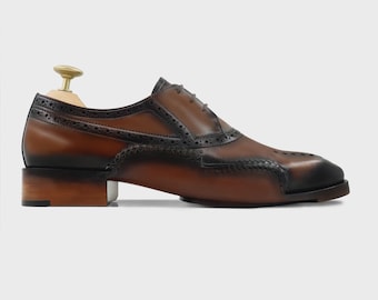 Handmade Cognac & Black Leather Brogues | Two-Tone Oxford Dress Shoes