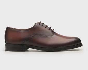 Handmade Brown Leather Oxford Shoes: Vintage Patina Lace-Up Dress Shoes