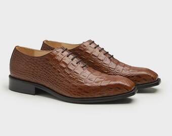 Handmade Crocodile Embossed Leather Oxford Shoes - Luxury Wedding Dress Shoes