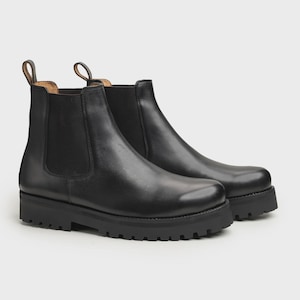 Handmade Black Leather Chelsea Boots: Chunky Sole Winter Dress Boots