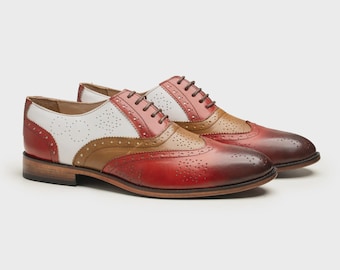 Handmade Three-Tone Leather Wingtip Brogues: Patina Oxford Shoes