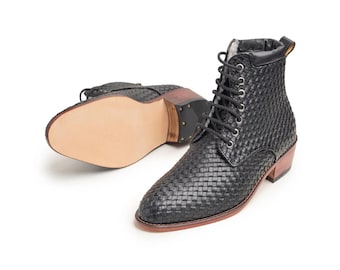 Handmade Woven Leather Ankle Boots: Black Lace-Up Wooden Heel