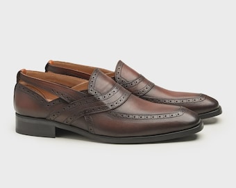 Handmade Brown Leather Brogue Penny Loafers: Men's Dress Wedding Shoes