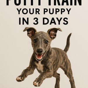 Könnte beinhalten: Ein gestromter Welpe springt auf einem Buchcover-Bild. Der Text lautet "Wie man Ihren Welpen in 3 Tagen stubenrein macht" über dem Welpen. Der Name des Autors, J. Blount, steht darunter.