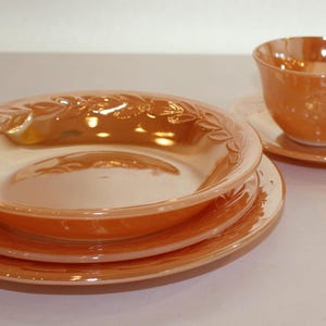 Fire King, Peach, Lustre, 5 Piece Place Setting, Lusterware, Laurel, Dinner Plate, Salad Plate, Soup Bowl, Cup and Saucer