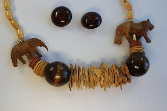 Necklace, Lion, Elephant, Safari, Wooden, Beads, … - image 1