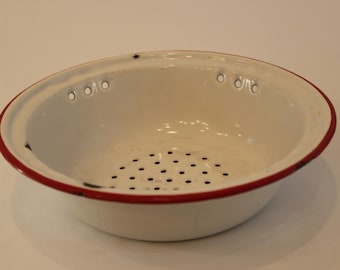 Enamelware, Farmhouse Kitchen, White and Red, Strainer, Colander, Metal, Plant Tray, Fruit Bowl, Basket