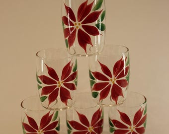 Vintage, Poinsettia, Tumbler, Glass, Glasses, Christmas, Glassware, Set of 2, Hand Painted
