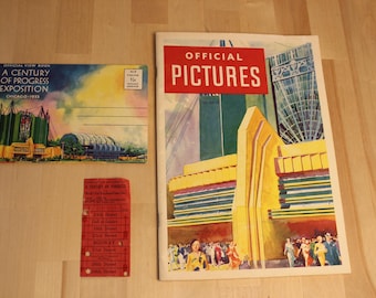 1933 World's Fair, A Century of Progress, Official Pictures, Official View Book, Rare Tour Ticket, Chicago