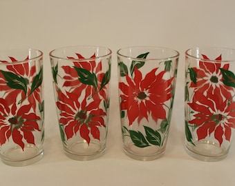 Vintage, Poinsettia, Tumbler, Glass, Glasses, Christmas, Glassware, Set of 4