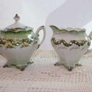 RS Prussia, Germany, Sugar and Creamer, Porcelain, Garland, Green, Footed