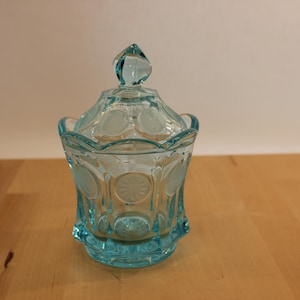 Vintage Aqua Fostoria Coin Jar: Vanity Storage