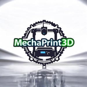 Könnte beinhalten: Ein Logo mit der schwarzen Silhouette eines 3D-Druckers, zentriert in einem schwarzen Zahnrad-Symbol. Der Text MechaPrint3D ist in grünen und weißen Buchstaben über die Mitte des Zahnrads geschrieben. Das Design ist vor einem hellweißen Hintergrund.