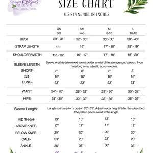 May include: A sewing pattern size chart in inches, with bust, strap length, shoulder width, and sleeve length measurements. Sizes range from XS to L. The chart includes waist, hips, and mid-thigh to ankle measurements. The Ginger Blossom's Design logo is at the top and bottom.