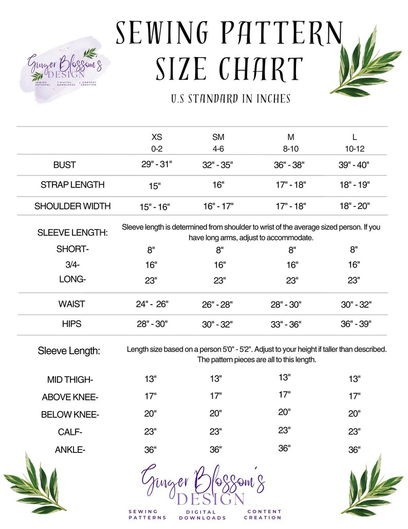 May include: A sewing pattern size chart in inches, with bust, strap length, shoulder width, and sleeve length measurements. Sizes range from XS to L. The chart includes waist, hips, and mid-thigh to ankle measurements. The Ginger Blossom's Design logo is at the top and bottom.