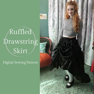 May include: A woman wearing a black ruffled drawstring skirt. The skirt has a high waist and a flowing, asymmetrical hemline. The text "Ruffled Drawstring Skirt" and "Digital Sewing Pattern" are on the left side of the image.