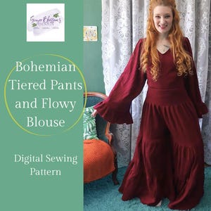May include: A woman in a burgundy Bohemian outfit, featuring tiered trousers and a flowing blouse. The digital sewing pattern is from Ginger Blossoms Design. The blouse has flared sleeves. The trousers are wide-legged.