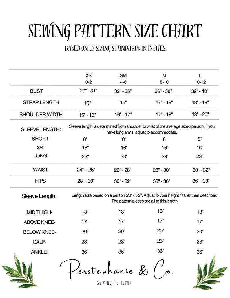 May include: A sewing pattern size chart titled Sewing Pattern Size Chart Based on US Sizing Standards in Inches. It lists measurements for bust, strap length, shoulder width, sleeve length, waist, hips, and skirt lengths for sizes XS to L.