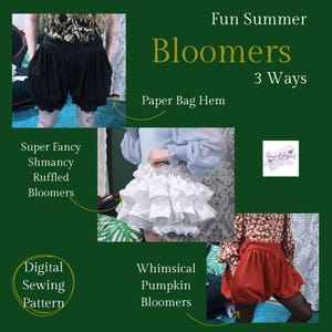Peut inclure: Patron de couture numérique pour bloomers d'été en trois styles : Super Fancy Shmancy Ruffled Bloomers, Whimsical Pumpkin Bloomers et Paper Bag Hem. L'image montre des exemples en noir, blanc et rouille.