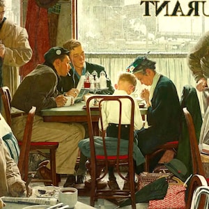 Könnte beinhalten: Ein Vintage-Gemälde zeigt eine Restaurantszene mit mehreren Personen an Tischen. Das Kunstwerk weist eine warme Farbpalette auf, mit Figuren in verschiedenen Outfits. Eine Frau betet, und ein kleiner Junge sitzt an einem Tisch. Das Wort "TIARU" ist im Hintergrund zu sehen.