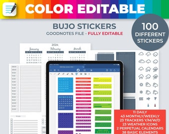 Color changing stickers, BUJO stickers, Bujo widgets, Calendar stickers, GoodNotes digital stickers, Habit trackers, Color editable stickers