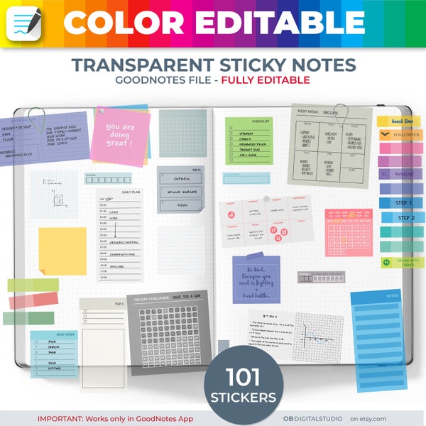 Color changing Goodnotes Stickers, TRANSPARENT Digital STICKY NOTES, Functional Widgets, Notebook iPad Stickers, Student Notetaking Stickers