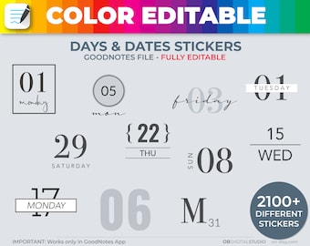 Color changing DAYS & DATES STICKERS, Calendar 1-31 numbers, GoodNotes digital stickers, Weekdays, GoodNotes elements, Color editable