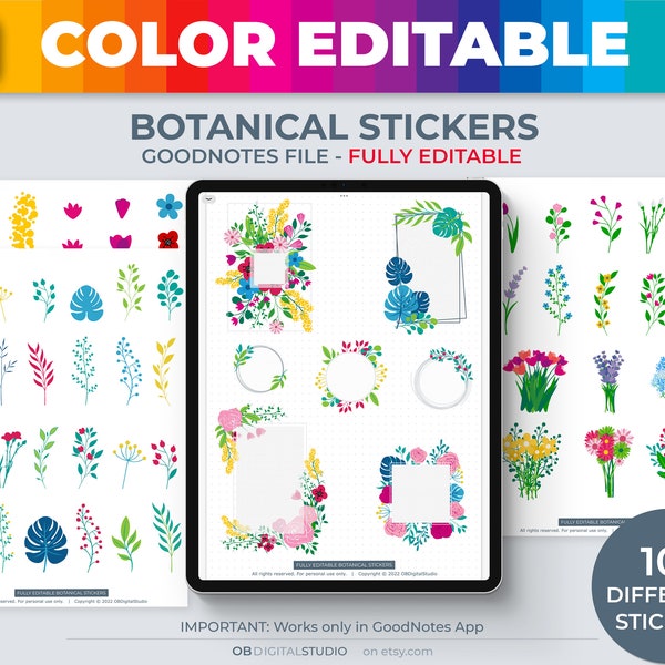 Color changing stickers, BOTANICAL stickers, Plant stickers, Floral stickers,  GoodNotes digital stickers, Color editable stickers